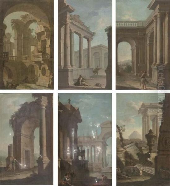 An Italian Capriccio Of Classical Ruins Oil Painting by Pietro Paltronieri Il Mirandolese