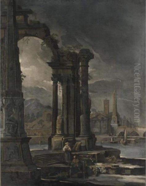 Veduta Fantastica Con Rovine Classiche Lungo La Riva Di Un Fiume Oil Painting by Pietro Paltronieri Il Mirandolese