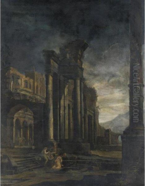 Veduta Fantastica Con Rovine Classiche E Personaggi Popolari Oil Painting by Pietro Paltronieri Il Mirandolese