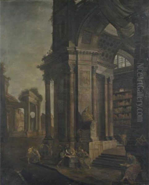 Veduta Fantastica Con Antica Biblioteca E Filosofi Oil Painting by Pietro Paltronieri Il Mirandolese