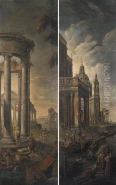 Capriccio Con Ruderi E Templi; Capriccio Con Porto Fluviale E Palazzi Oil Painting by Pietro Paltronieri Il Mirandolese