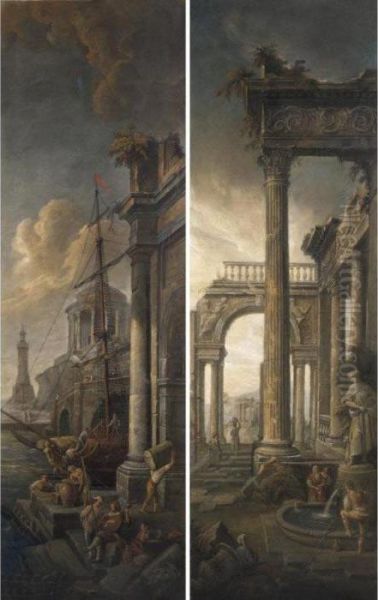 Capriccio Con Porto Fluviale E Ponte; Capriccio Con Ruderi E Fontana Oil Painting by Pietro Paltronieri Il Mirandolese