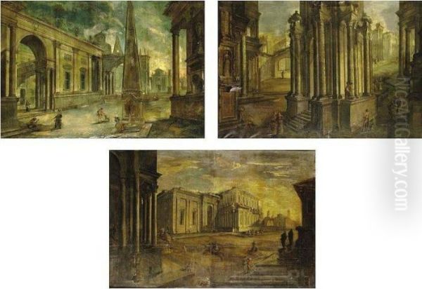 Architectural Capriccios: Three Paintings Oil Painting by Pietro Paltronieri Il Mirandolese