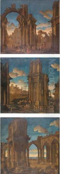 Capricci With Figures Among Classical Ruins Oil Painting by Pietro Paltronieri Il Mirandolese