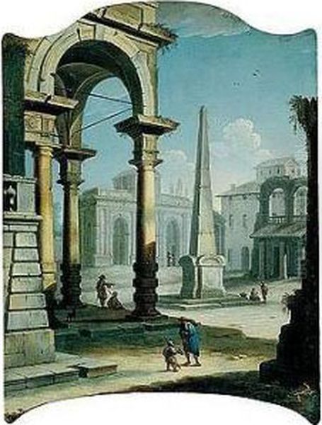 Architecutural Capriccio With A Figure Giving Alms To A Young Beggar In A Piazza Oil Painting by Pietro Paltronieri Il Mirandolese