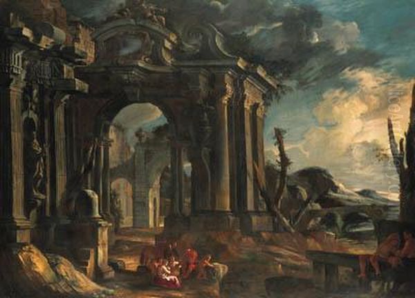 An Architectural Capriccio With Peasants Oil Painting by Pietro Paltronieri Il Mirandolese