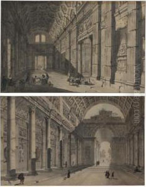 A Pair Of Views Of The Interiors Of Roman Temples Oil Painting by Francesco Panini