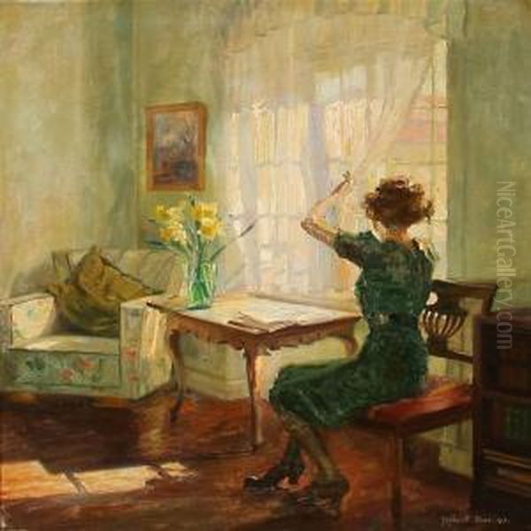 Interior With A Lady Looking Out At The Window Oil Painting by Robert Panitzsch