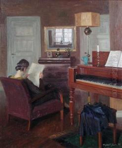 A Woman Reading In An Interior Oil Painting by Robert Panitzsch