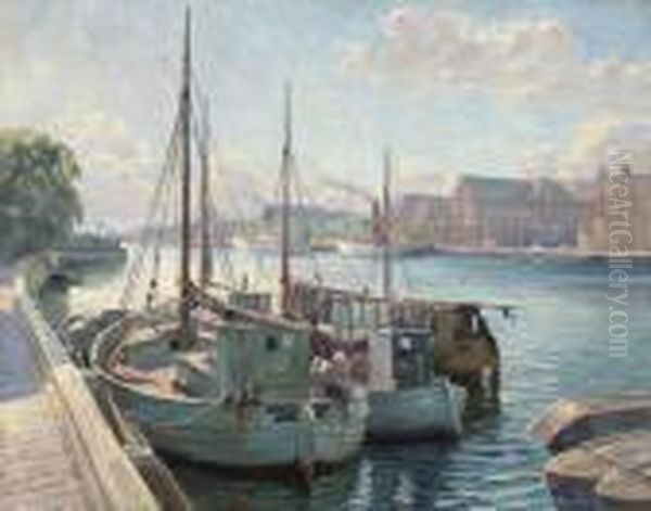 Boats Moored At A Quay, Copenhagen Oil Painting by Robert Panitzsch