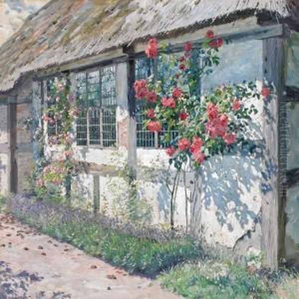 Red And Pink Roses In The Sun By An Old Farmhouse Oil Painting by Robert Panitzsch