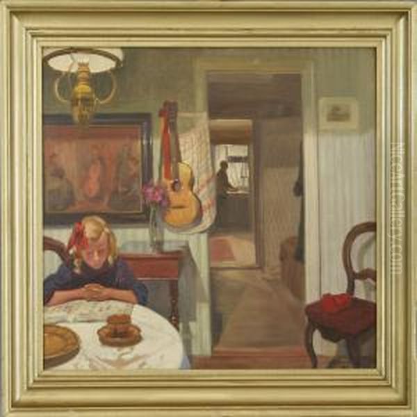 Interior With A Girl And A Woman Oil Painting by Robert Panitzsch