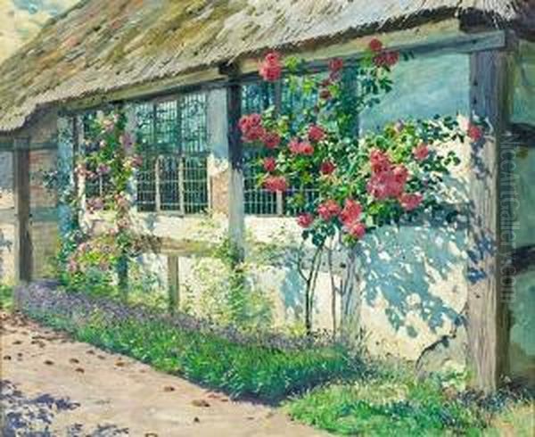 Bluming Roses Outside A Cottage Oil Painting by Robert Panitzsch