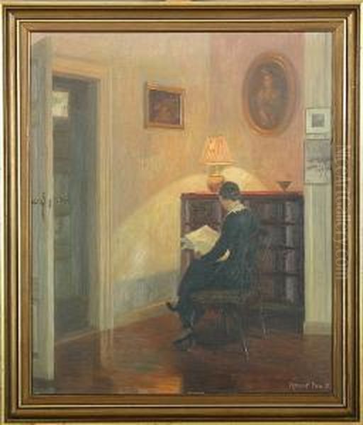 Interior With Reading Woman Oil Painting by Robert Panitzsch