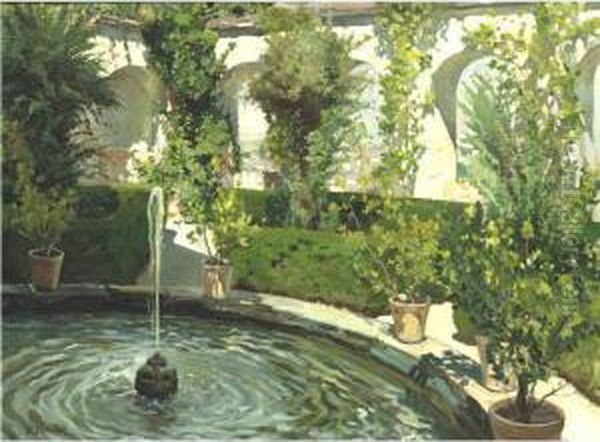 Fountain In A Courtyard Oil Painting by Robert Panitzsch