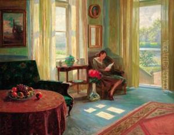 A Woman Reading In A Sunlit Interior Oil Painting by Robert Panitzsch