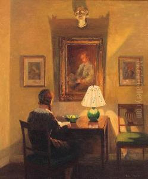 Reading By Lamplight Oil Painting by Robert Panitzsch