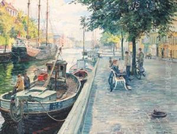 Boats Moored Along A Canal, Copenhagen Oil Painting by Robert Panitzsch