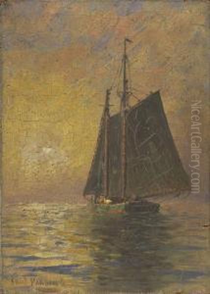 Gaff-rigged Boat At Sunset Oil Painting by Fred Pansing