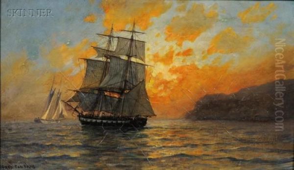 A Man O'war Brig At Sunset Oil Painting by Fred Pansing