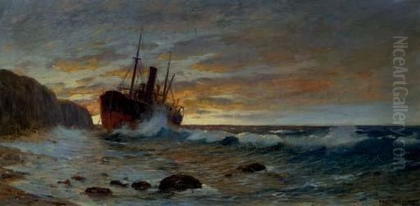 A Cargo Ship Aground Oil Painting by Fred Pansing