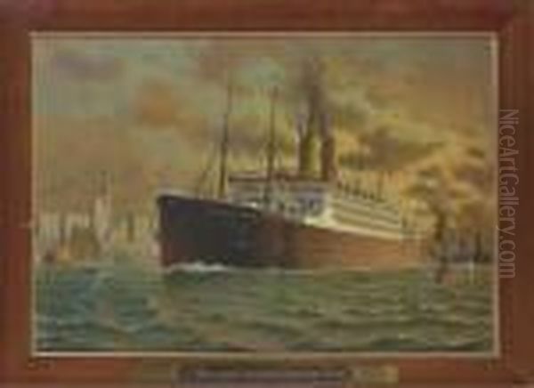 A Mammouth Hamburg-american 
Liner; The Kaiserin Auguste Victoriaentering In New York Harbor Oil Painting by Fred Pansing