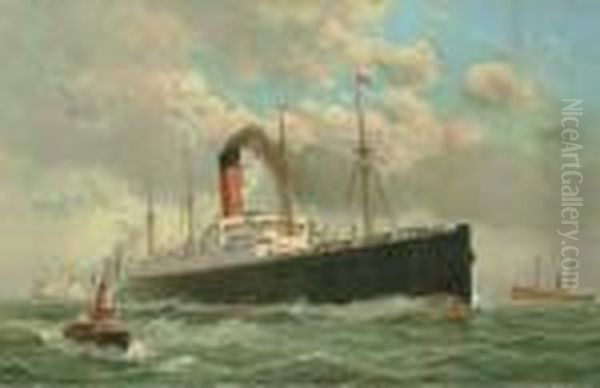 The S S Campania In New York Harbor Oil Painting by Fred Pansing