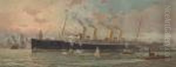 The Kaiser Wilhelm De Grosse Arriving In New York Harbor Oil Painting by Fred Pansing