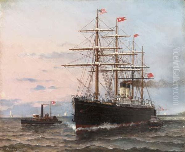 A Steamship Entering New York Harbor Oil Painting by Fred Pansing