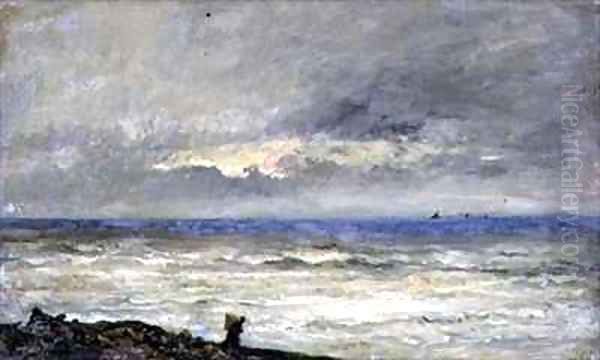 Seascape at Sunset with a Figure on the Shore Oil Painting by Karl Pierre Daubigny