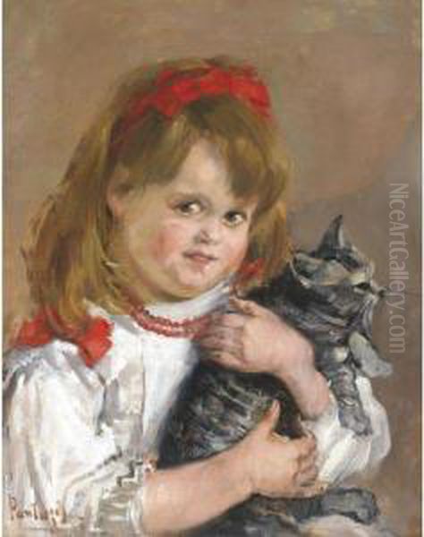 Little Girl With Her Cat Oil Painting by Pericles Pantazis