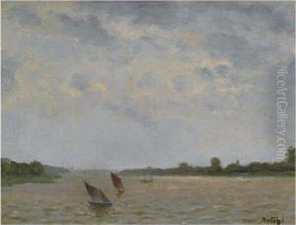 Barques Sur L'escaut (boats On The Scheldt River) Oil Painting by Pericles Pantazis