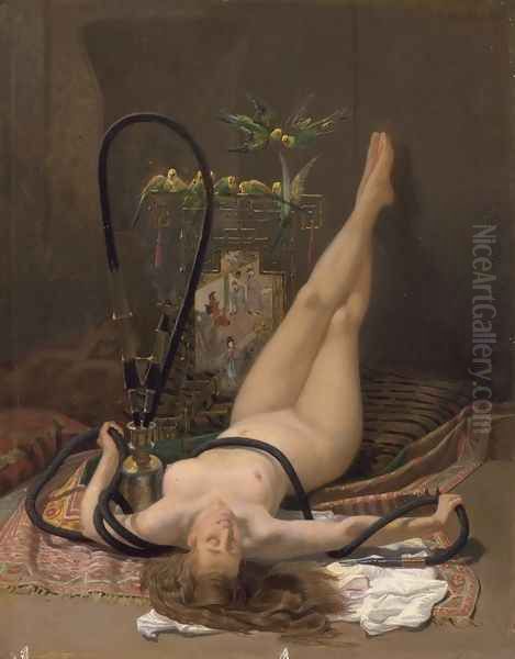 A Voluptuous Smoke Oil Painting by Charles Edouard Edmond Delort