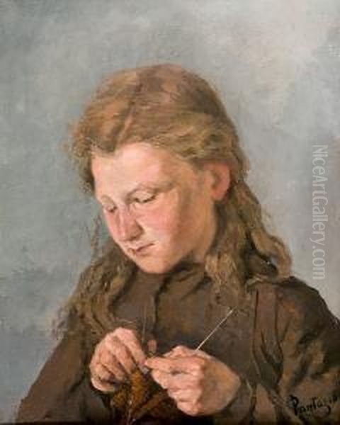 Girl Knitting/jeune Fille Au Tricot Oil Painting by Pericles Pantazis