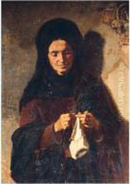 Portrait Of A Woman Knitting Oil Painting by Pericles Pantazis