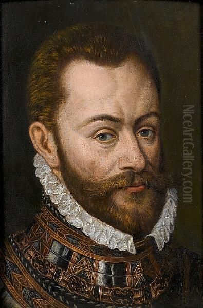 Portrait Of Phillip Ii Of Spain,
 Bust-length In Armour And A White Collar; And Portrait Of Ferdinand I, 
Bust-length, In Armour And A White Collar Oil Painting by Juan Pantoja de la Cruz