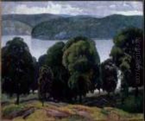 Trees By The Lake Oil On Canvas Oil Painting by Lawrence Arthur C. Panton