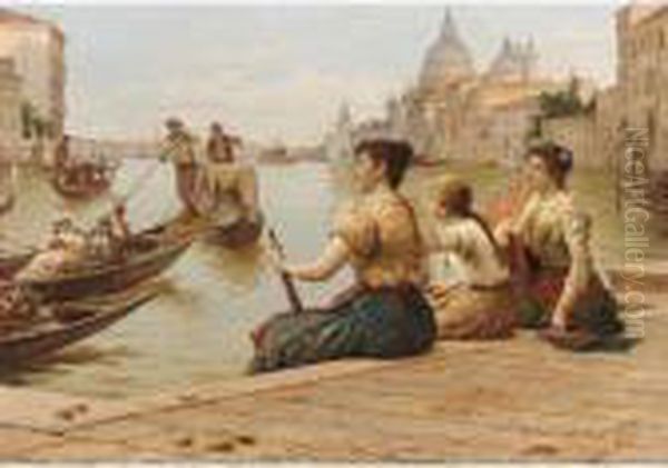 Awaiting A Gondola Oil Painting by Antonio Paoletti