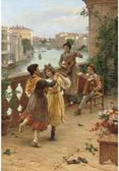 On A Venetian Balcony Oil Painting by Antonio Paoletti