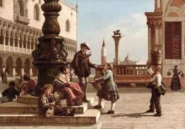 Young Musicians In Piazza San Marco, Venice Oil Painting by Antonio Paoletti