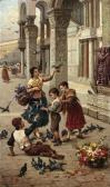 Feeding The Pigeons In The Piazza San Marco Oil Painting by Antonio Paoletti