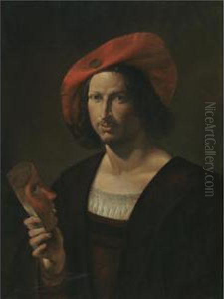 Portrait Of A Young Man, Half Length, Wearing A Wide-brimmed Red Hat And Holding A Mask Oil Painting by Pietro Paolini