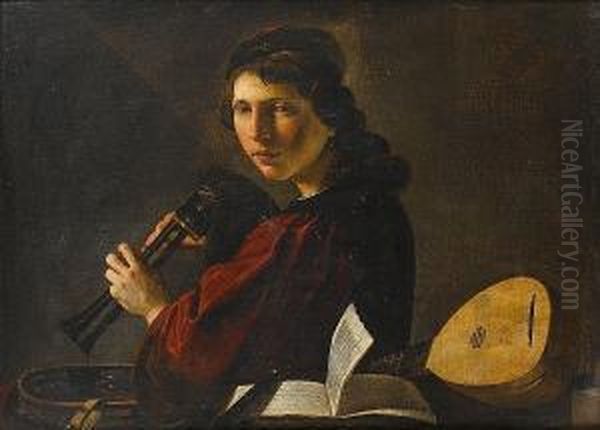 A Young Man Holding Bagpipes 
Standing Beside A Table With A Lute, A Tambourine And A Book Of Music Oil Painting by Pietro Paolini