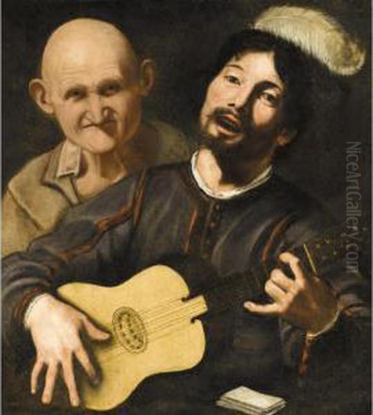 A Guitar Player With An Old Man Behind Oil Painting by Pietro Paolini