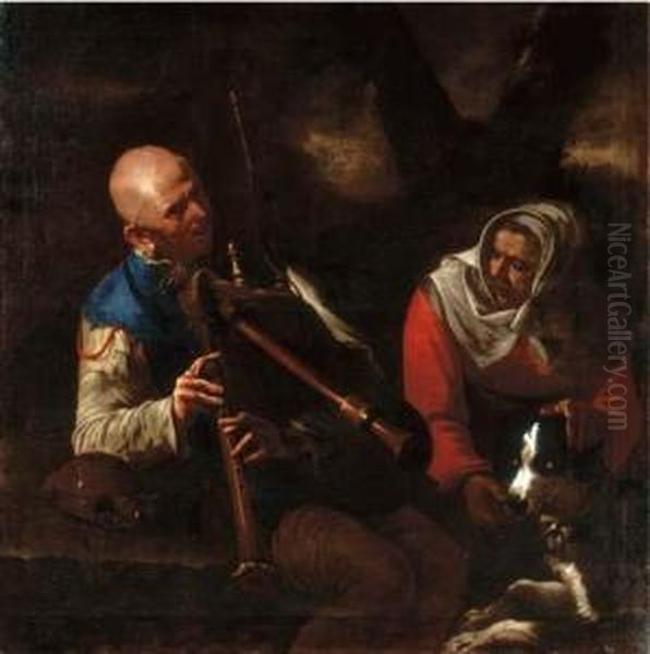 A Peasant Playing A Bagpipe And An Old Woman Listening With Adog Oil Painting by Pietro Paolini