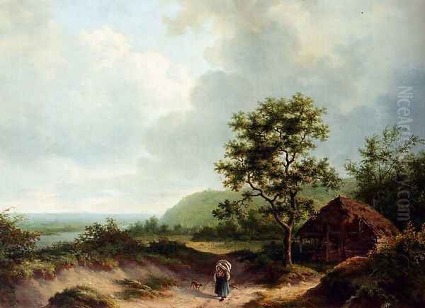 A Wooded River Landscape Oil Painting by Alexander Joseph Daiwaille