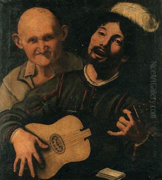 A Guitar Player And An Old Man Attending Oil Painting by Pietro Paolini