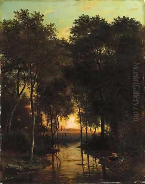 Fishing at dusk Oil Painting by Alexander Joseph Daiwaille