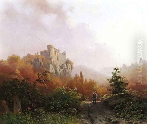 Summer A Peasant on a Rocky Path a Ruin in the Background Oil Painting by Alexander Joseph Daiwaille