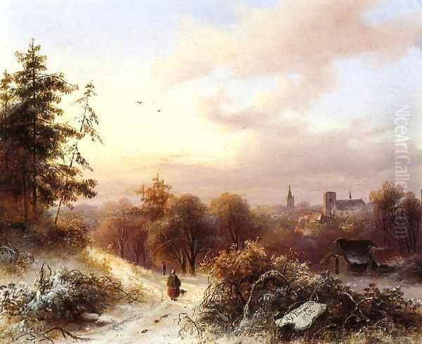 Winter A Peasant on a Path in a Wooded Landscape a Town in the Background Oil Painting by Alexander Joseph Daiwaille